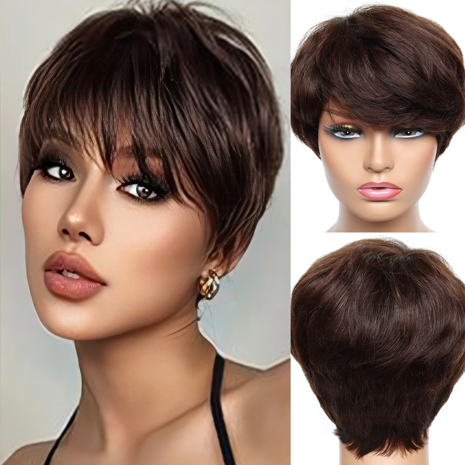 

Chocolate Brown Wigs Remy Human Hair Short Straight Pixie Cut Bob Wigs with Bangs 6inches Human Hair Wig for Women Daily