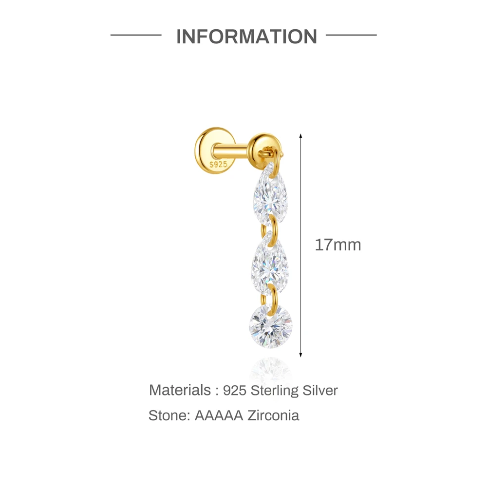 Aide 925 Sterling Silver Tassel Chain Zircon Flat Head Cartilage Piercing Stud Earring For Women Foldable DIY Claasic Earrings