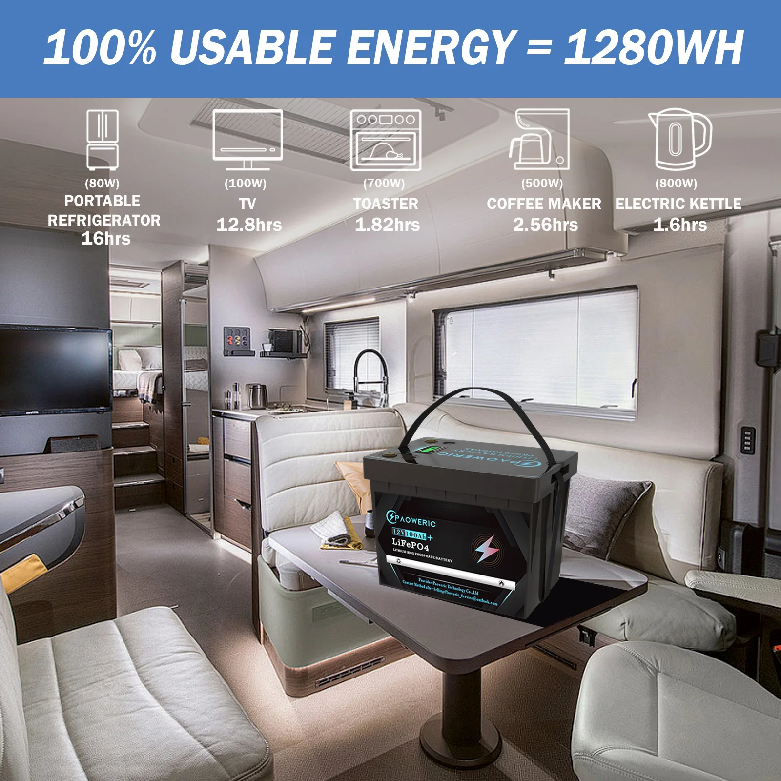 Bateria de Lítio Recarregável, Bateria LiFePO4, 12V 100Ah, 1 Pacote de 12V 100Ah, para RV,Solar, Marinho, Trolling Motor,Off-Grid