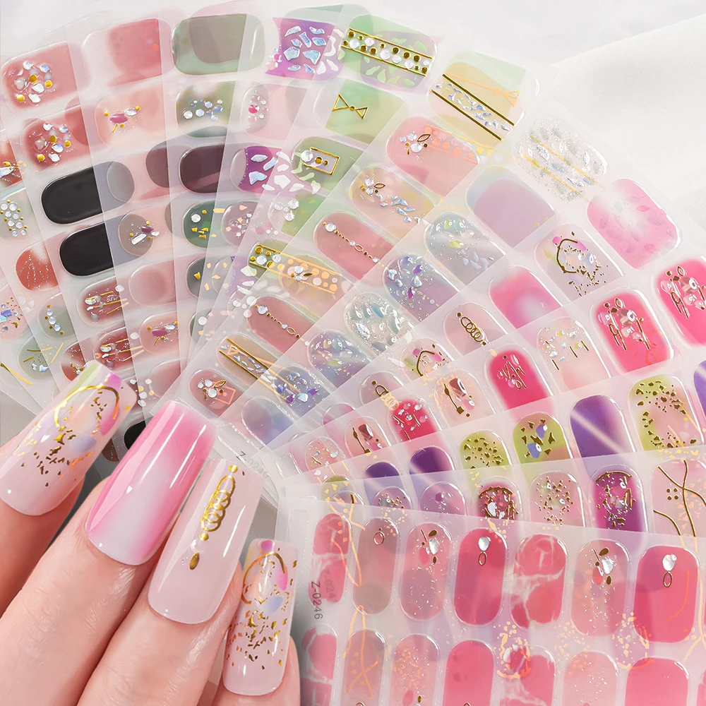 16Tips Dopamine Color Semi-Cured Gel Nail Wraps Full Cover Self-Adhesive Nail Stickers Need UV LED Cured Press On Nails Decals &