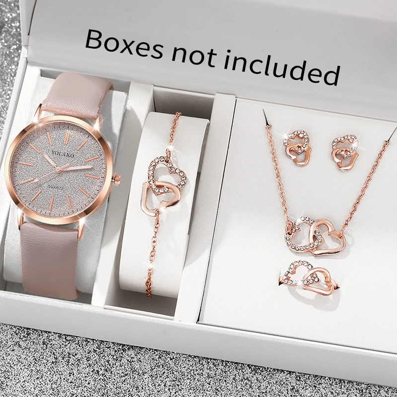 6pc/set women's elegant PU leather strap quartz watch and heart-shaped rose gold necklace jewelry set