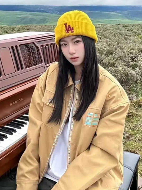 

Retro American Embroidered Letter Design Starry Night Loose Workwear Jaet ex Long Sve Zipper Closure Casual Coat