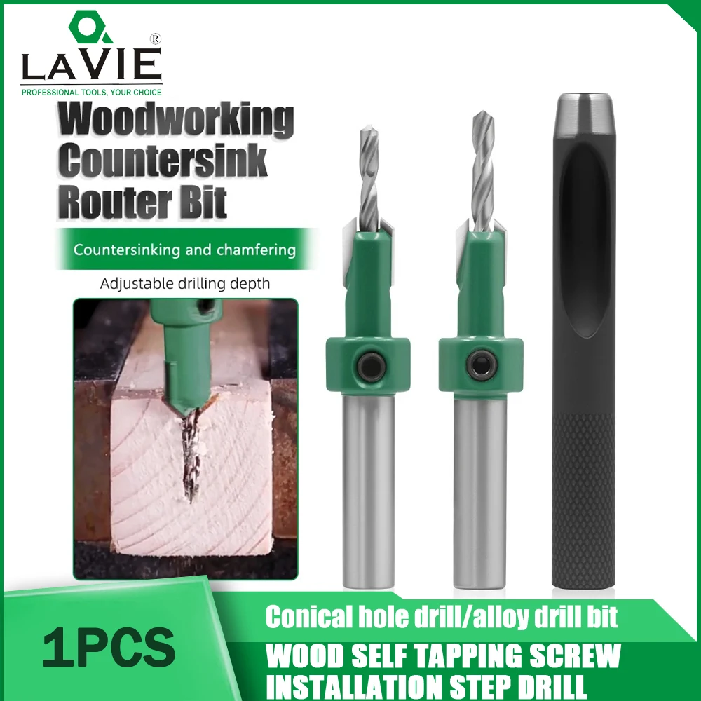 

LAVIE 8mm Shank Hollow Punch Countersink Drill Woodworking Countersunk Drill Taper Alloy Screw Router Bit CNC Router Bits Wood
