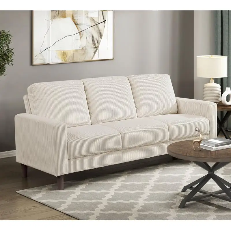 Modern Beige Corduroy Sofa with Comfortable Cushions, Solid Wood Frame for Living Room Furniture, 1 Piece
