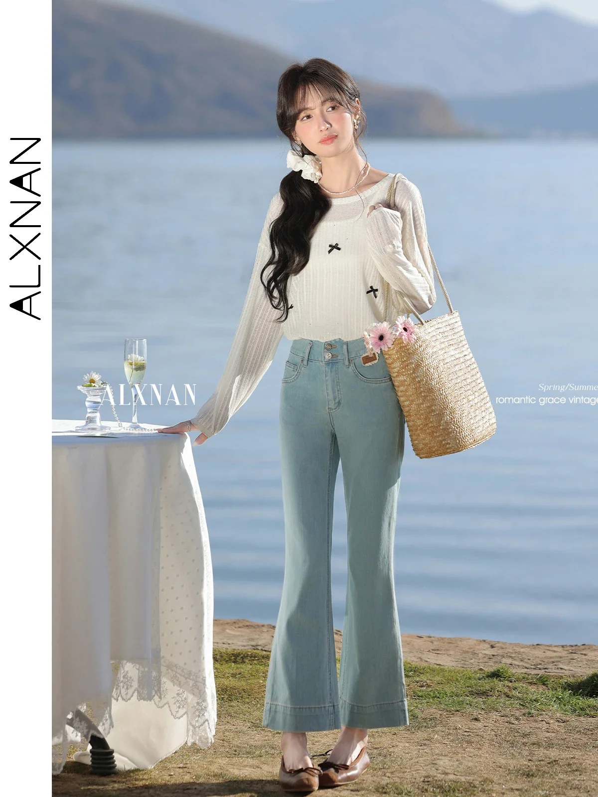 

ALXNAN Women's Flared Jeans Cotton Loose-fit Elegant Denim Jeans 2025 High-waist Wide-leg Casual Baggy Pants Female L52958