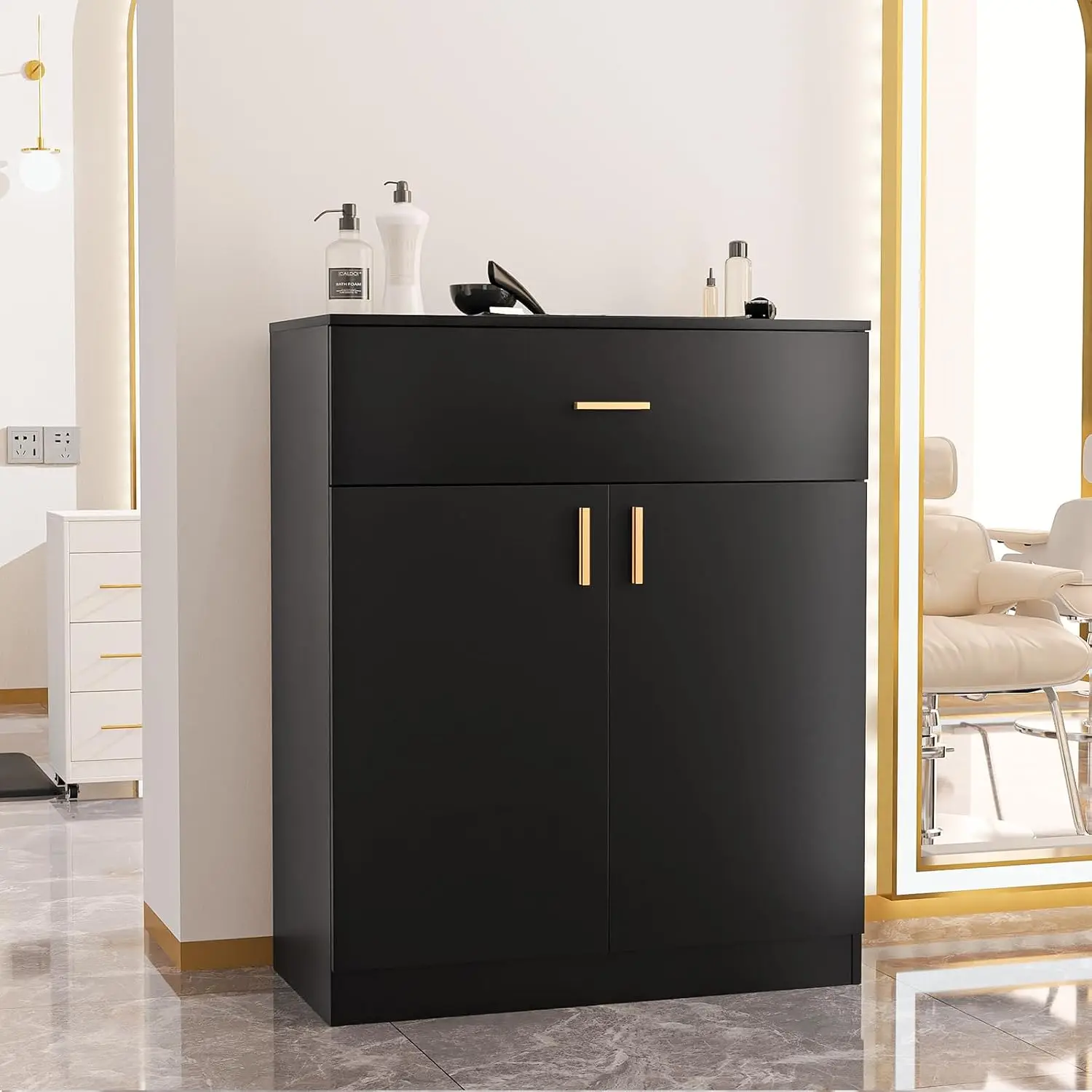 Freestanding Salon Storage Station Barber Unit Hair Stylist Beauty Spa Equipment Drawer Storage Cabinet Hair Styling Black