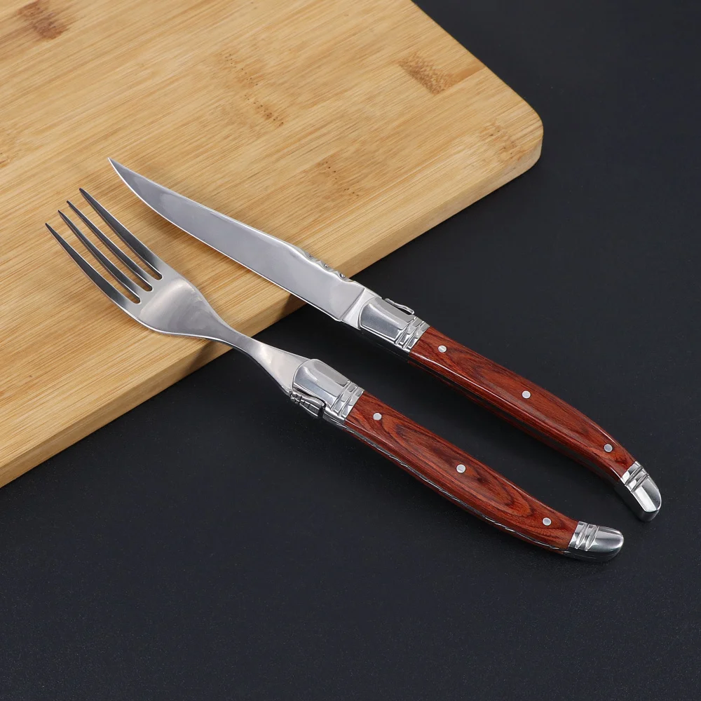 

Jaswehome Steak Knives Forks Set Stainless Steel Dinnerware Red Pakka Wood Handle 430 Double Steel Head Upscale Cutlery Gift Set