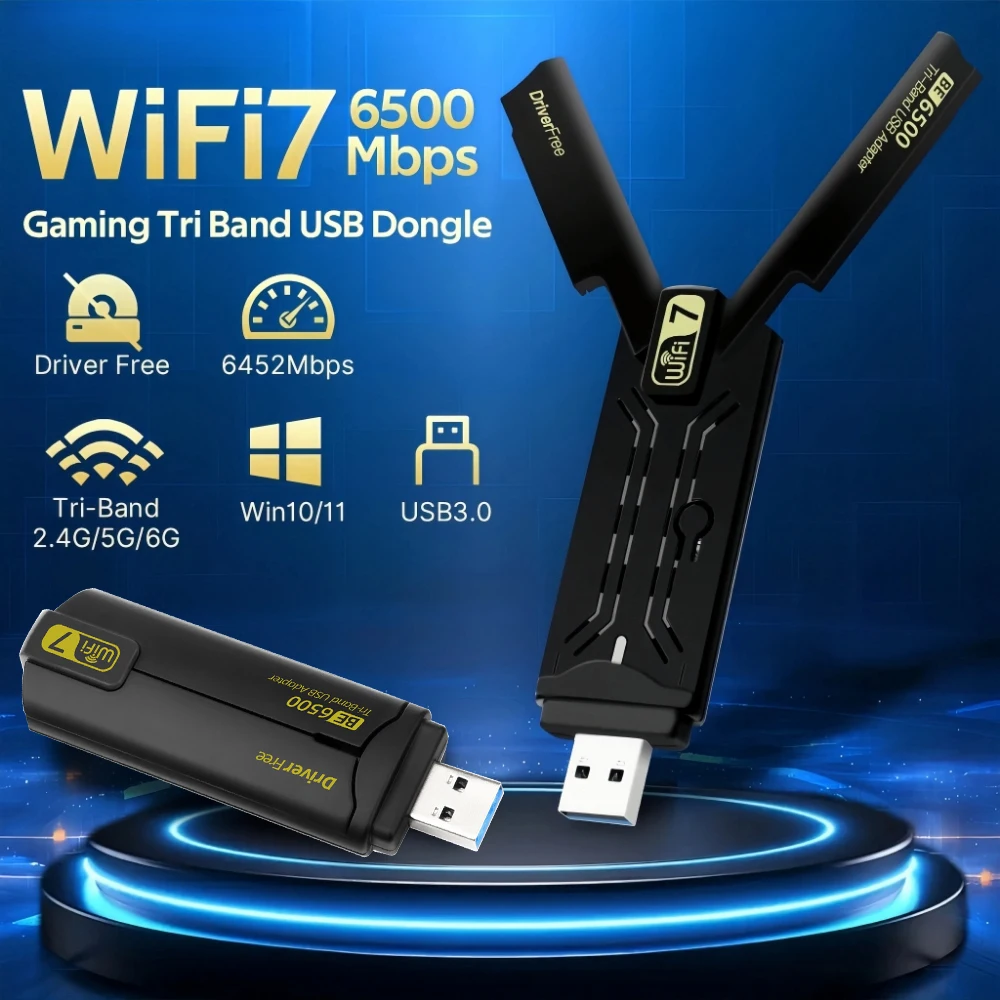 BE6500 WiFi 7 USB 3.0 Adapter 6500Mbps Tri-Band 2.4G/5G/6GHz 802.11be Wireless Network Card Driver Free for Win10/11 PC Laptop
