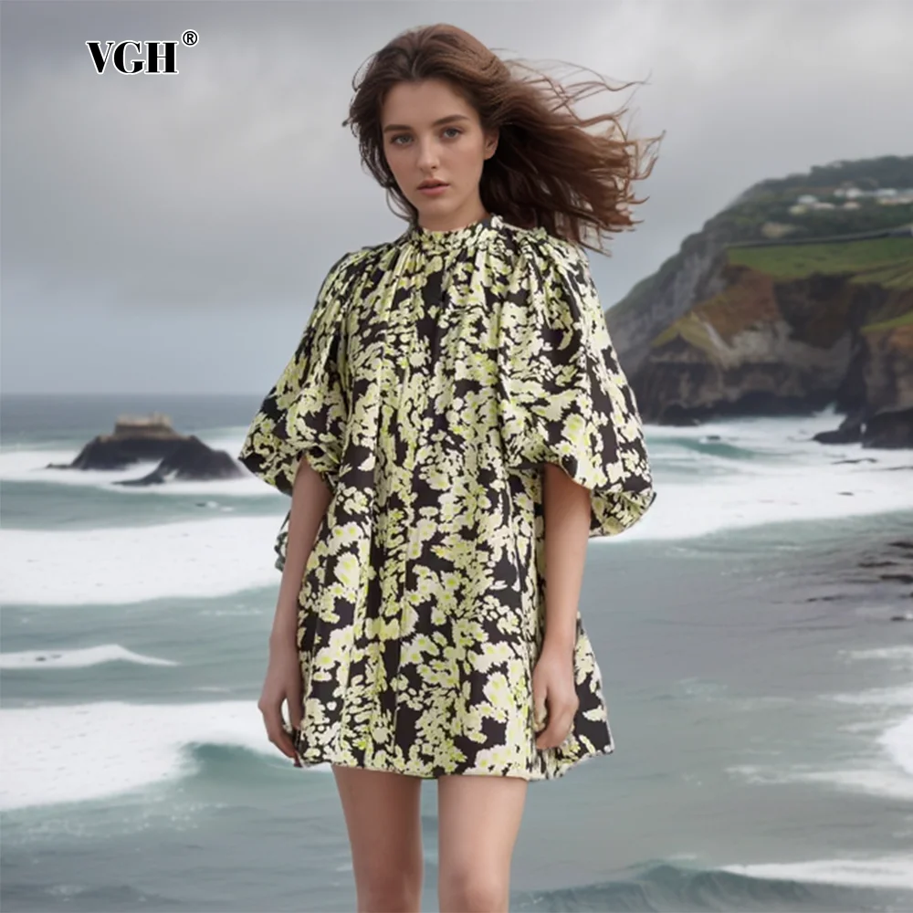 

VGH Colorblack Printing Casual Dresses For Women Stand Collar Lantern Sleeve High Waist Loose Folds Dress Female Fashion Style