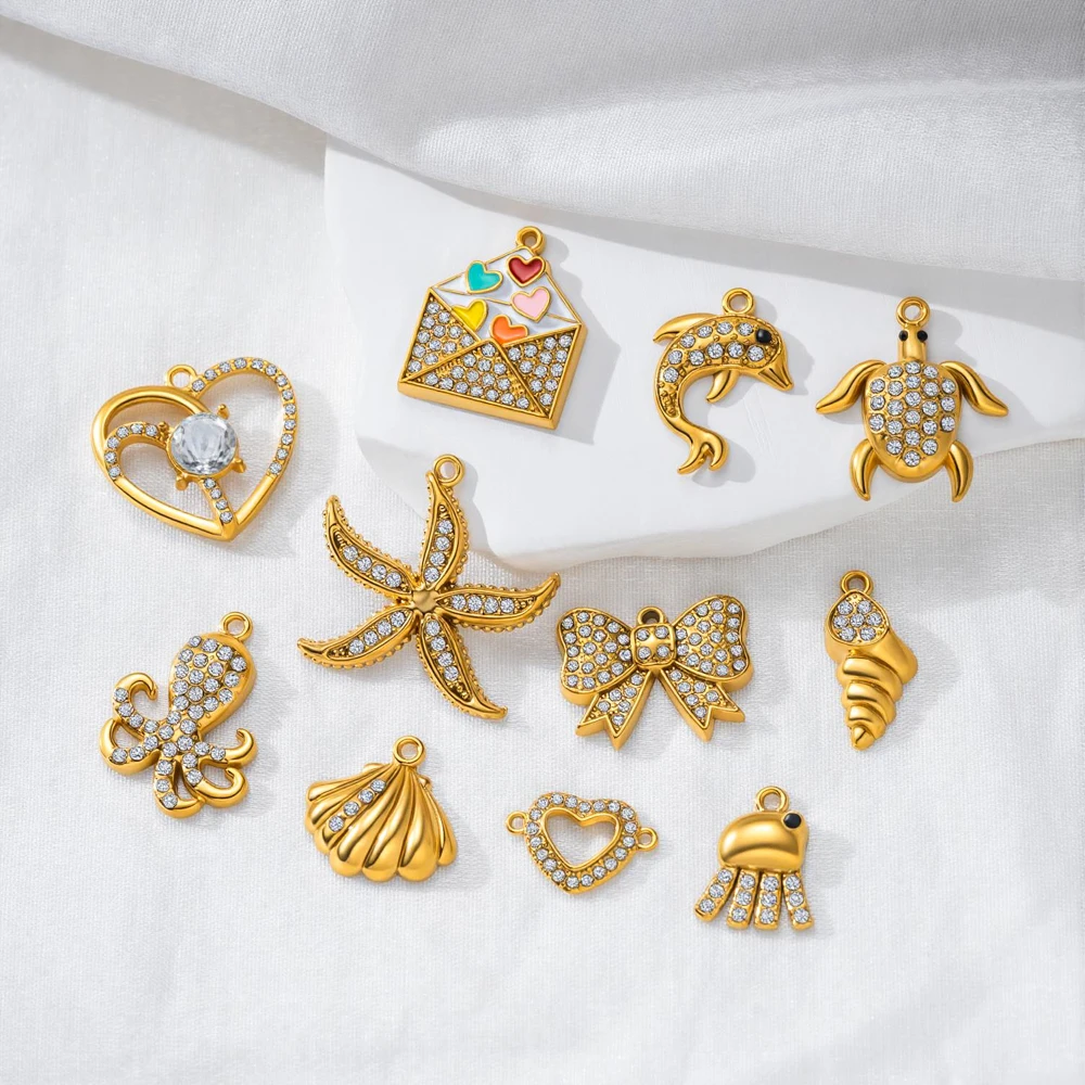 2 Stück Edelstahl-Strass-Schleifen-Herz-Anhänger, Meerestier-Anhänger für DIY-Halsketten, Armbänder, Schmuckherstellungszubehör – Detail 1