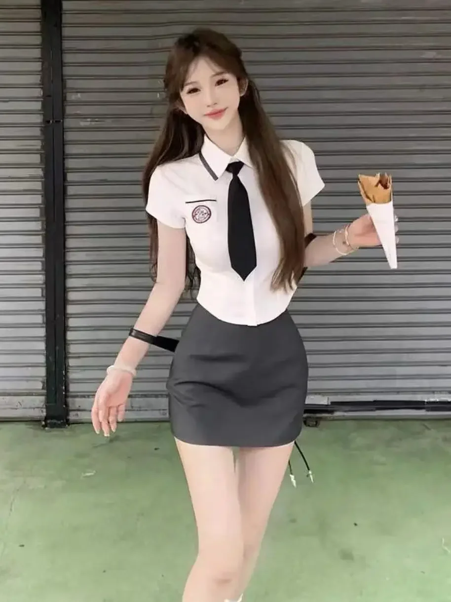 South Korea School Uniform White Waist short-sleeved Shirt Set New Summer Korean College Shirt Slim short-style Suit