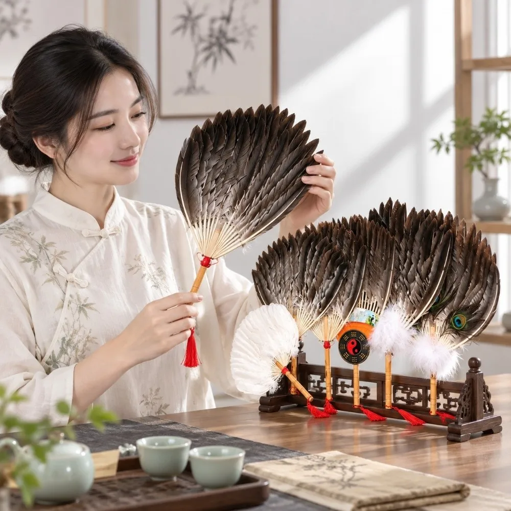 Handmade Vintage Feather Fan Plastic Multistyles Craft Hand Fan Portable Photography Props Goose Feather Fan