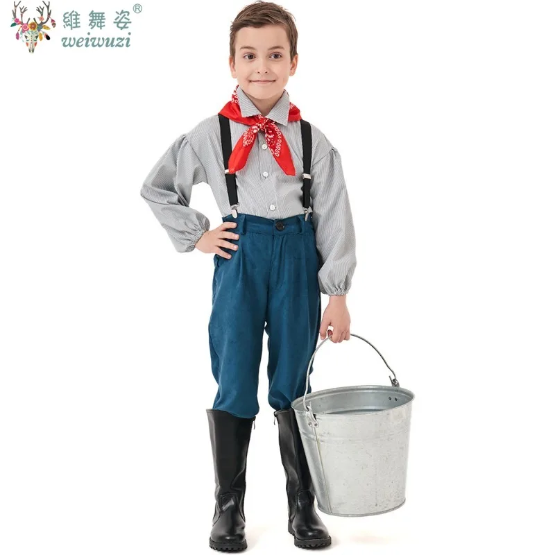 

Halloween Children's Day Kids Farmer Outfit Fancy Dress Up Blue Overall Boys Pioneer Vintage Colonial Farm Boy Costume