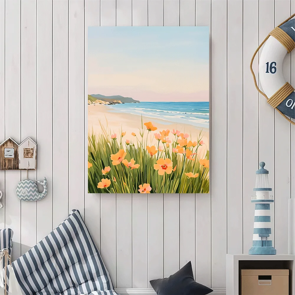 1PC-Canvas poster Unframed  Coastal Beach Scene With Poppy Flowers Ocean View Art Print  summer
