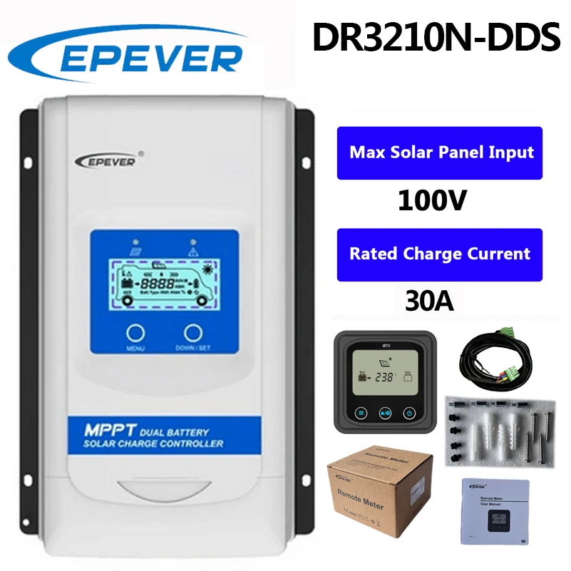 

EPEVER 30A DR3210N-DDS MPPT Solar Charge Controller With MT11 Max PV Input 100V Auto Identify 12V 24V