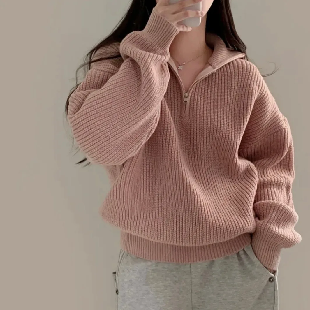 

Шикарный осенне-зимний вязаный свитер с воротником на молнии, теплый, уютный, повседневный, однотонный, длинный, све, женский топ с высоким воротником