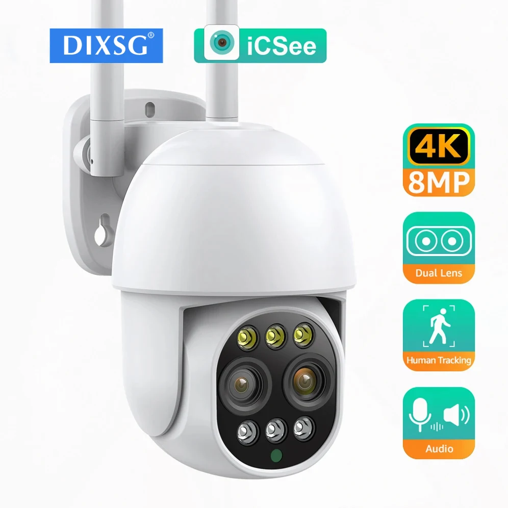 

4K 8MP WIFI Camera PTZ Dual Lens 8X Digital Zoom Outdoor 4MP AI humanoid Auto Tracking Zoom Audio iCSee Security Camera