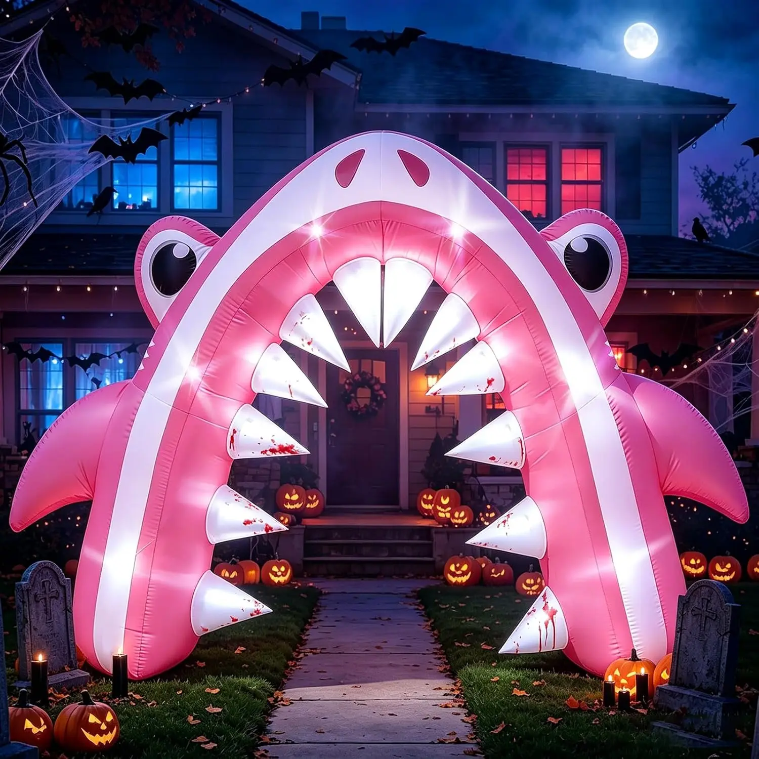 Halloween Pink Shark Inflatable Arch 13FT Yard Lawn Decor with 6 Built-in LED Lights And 1 Blower for Outdoor Holiday