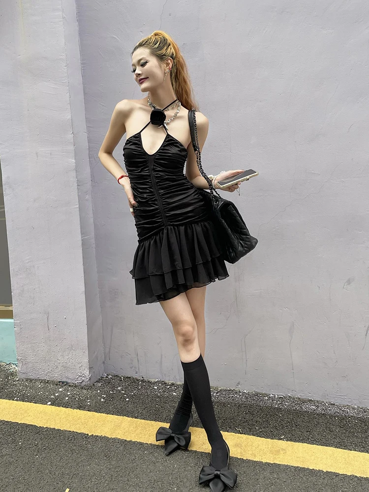 Women Halter V Neck Ruched Mini Dress 3D Flower Decor Bodycon Dress Double Layer Ruffle Hem Sexy Clubwear Dress