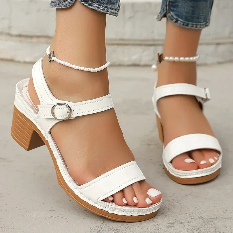 Comfortable Square Heels Ankle Strap Sandals Women 2026 Summer Classic White Black Thick High Heel Shoes Woman Sandalias Mujer