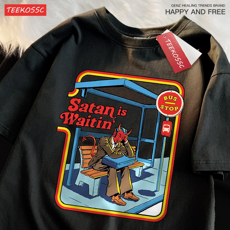 Satan Is Waitin Bus Funny Comics T Shirt Men Women Harajuku Cotton Clothes Fashion Cute Tshirt Summer Oversized T-Shirts Couple