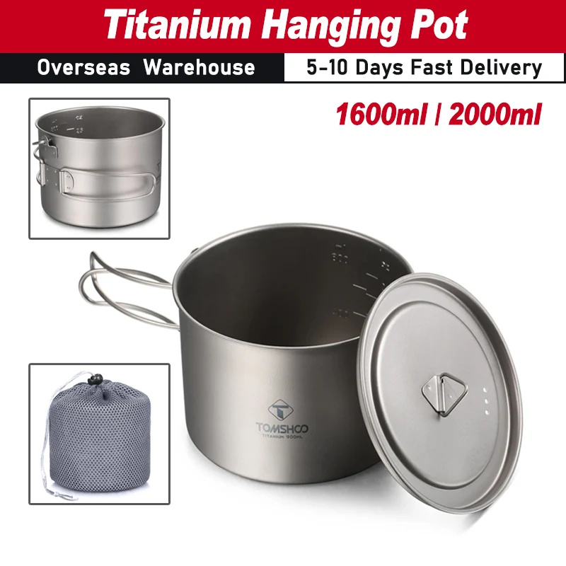 TOMSHOO Titanium Pot 1600ml/2000ml Ultralight Hanging Pot with Lid /Foldable Handle Outdoor Camping Backpacking Cooking Picnic