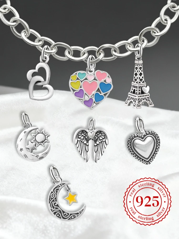 Adjustable 925 Sterling Silver  Vintage Pendants Star Moon Tower Charms Beads Fit Original Bracelet Bangles Necklace DIY Jewelry