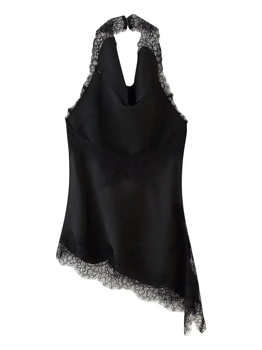 2026 Women's Sexy V-neck Backless Black Asymmetrical Lace Camisole Lady Vintage Sleeveless Slip Evening Party Halter Blouse Tops