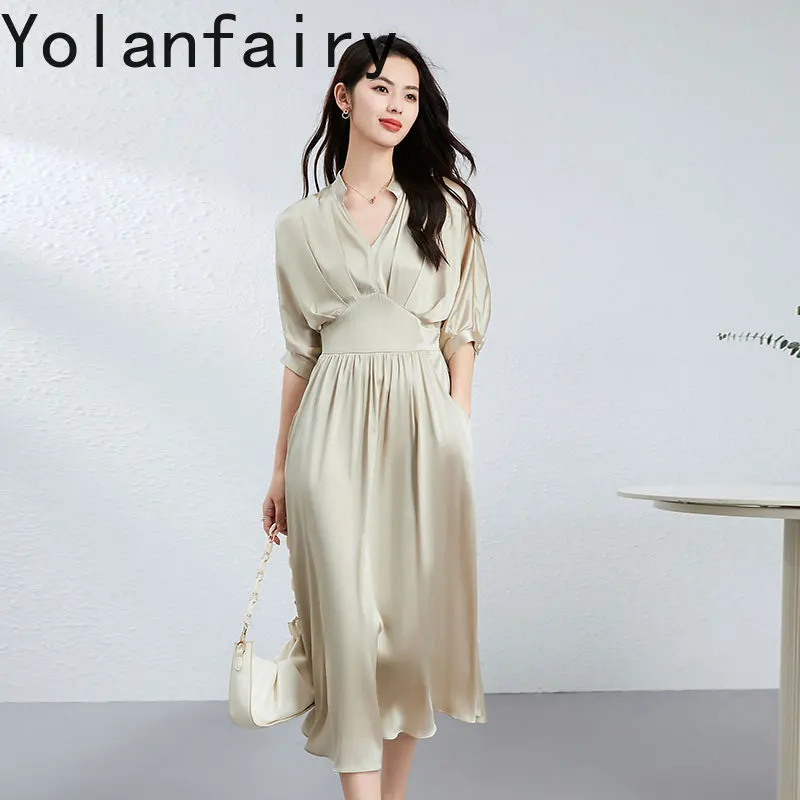 YOLANFAIRY 19mm 92.3%Natural Mulberry Silk Satin Dress for Woman French Elegant Birthday Dresses Luxury V-neck Large Hem vestido