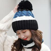 2Pcs/Set Autumn Winter Women Beanies Hat Scarf Contrast Color Stripe Plush Lining Fluffy Ball Knitting Cap