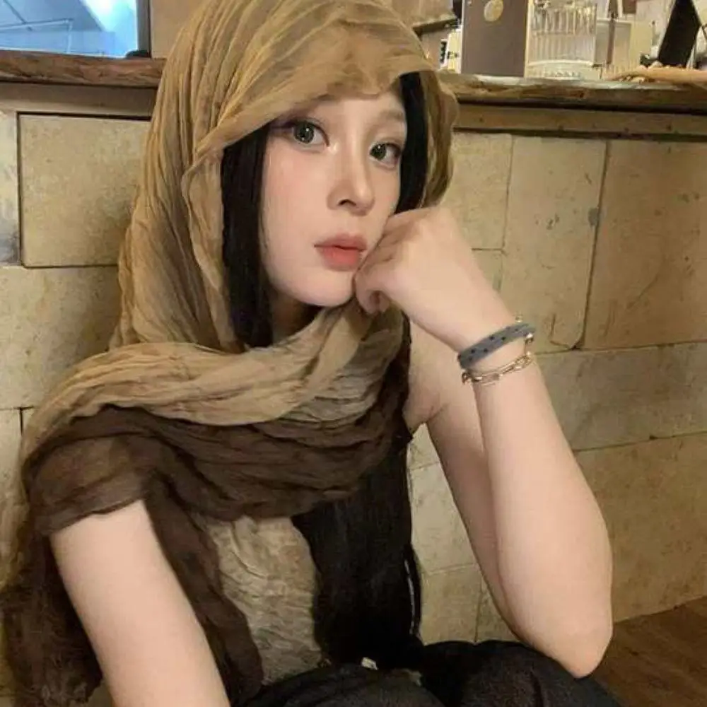 Bufanda arrugada degradada para mujer, bufandas con estilo de fotografía de viaje, nuevas bufandas de gasa de algodón de retazos, chal suave, chales envolventes para mujer