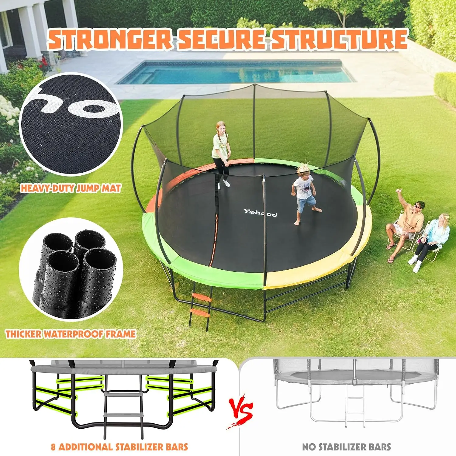 12FT/14FT Trampoline with Enclosure Net & Ladder, 8 Stabilizer Bars, ASTM Approved, Anti-Rust Frame