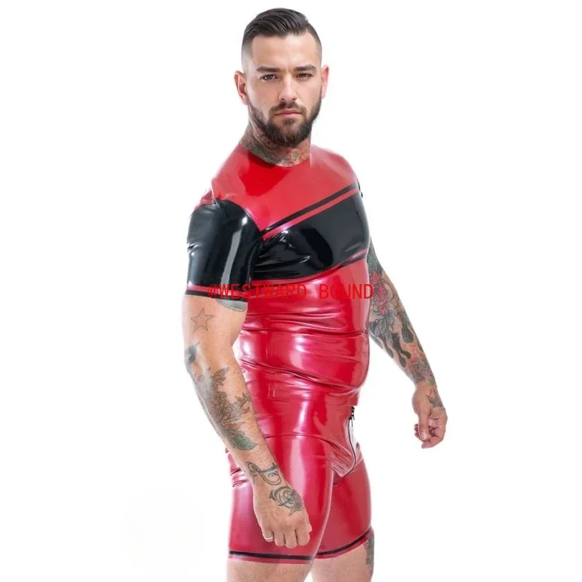 تخصيص اللاتكس تي شيرت أزياء الرجال أحمر أسود اللاتكس قصيرة الأكمام أعلى المطاط اليدوية المطاط clubwear زي #2