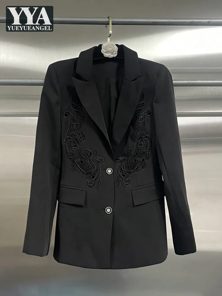 Spring Designer Lady Blazers Loose Fit Embroidery Black Suit Jacket Long Sleeve Jackets Casual Vintage Style Womens Party Coat