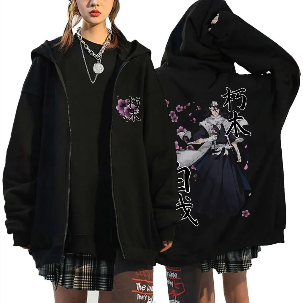 Anime Bleach Kuchiki Byakuya Cherry Blossom cremallera Sudadera con capucha hombres mujeres moda Casual chaqueta con cremallera de gran tamaño hombre sudadera de lana