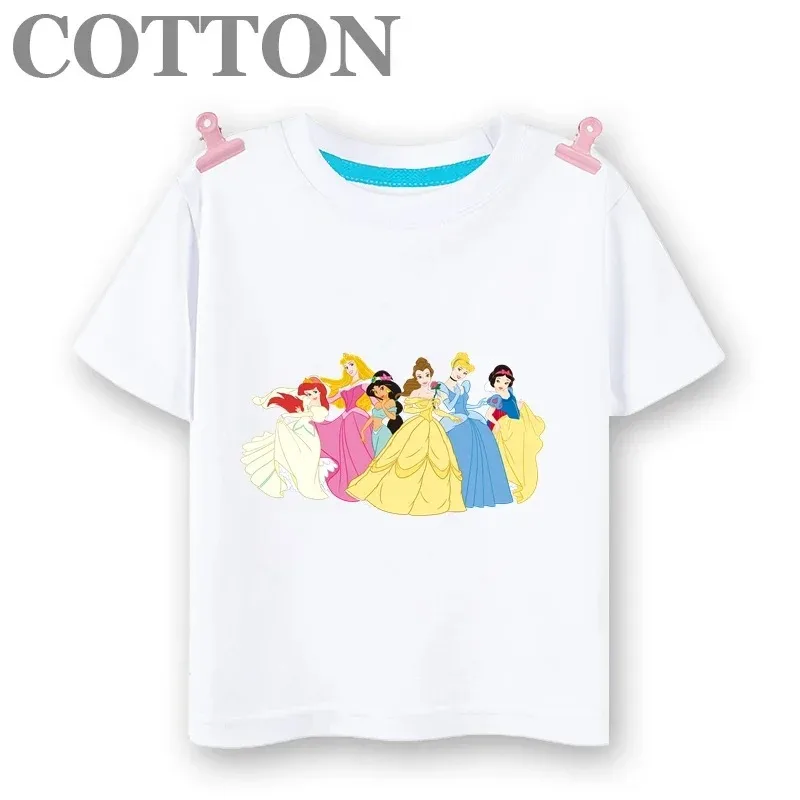 Disney Cute Six Princess Summer Anime Fashion Children's Cartoon T-shirt Round Neck Casual Short Sleeve Printed Pattern