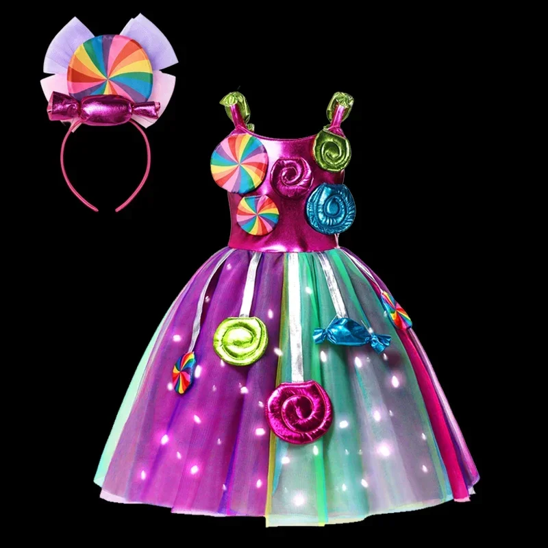 2025 New Rainbow Sweet Lollipop Candy Kids Dress Carnival Party Girl Birthday Costume Fancy LED Light Tutu Children Weddinskeif1