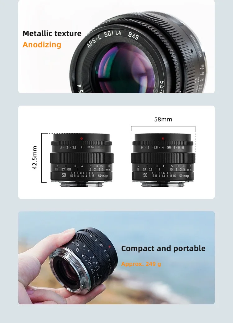SGimage 50mm F1.4 Camera Lens APS-C Large Aperture Standard Prime For Sony E Fuji X Canon EF-M/RF Nikon Z M43 L Mount Cameras