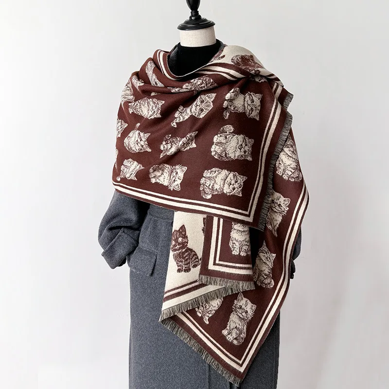 

2024Winter New Cashmere Scarf Pashmina Shawls Luxury Brand Cat Print Women Warm Blanket Wraps Female Foulard Thick Hijab Stoles