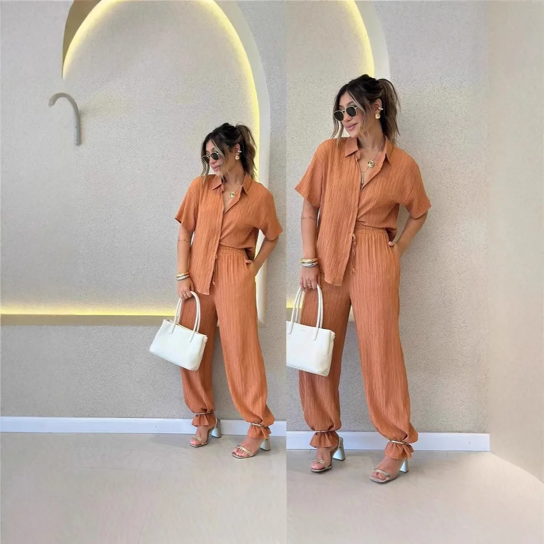 

Fashion simple loose short-sleeved shirt lace-up casual pants two-piece set simple temperament elegant versatile high-end vacati