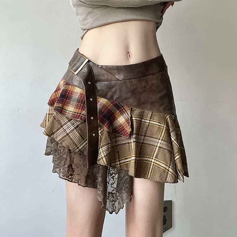 European and American retro niche design irregular plaid contrasting leather belt splicing wasteland style A-line skirt new