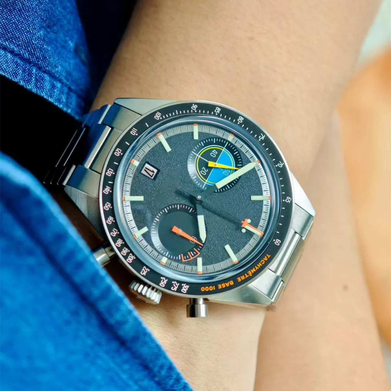 CILOA-Men Vintage Racing Chronograph Watch Black Dial Stainless Steel Band Tachymeter Sport Quartz Wrist Watch for Men-528