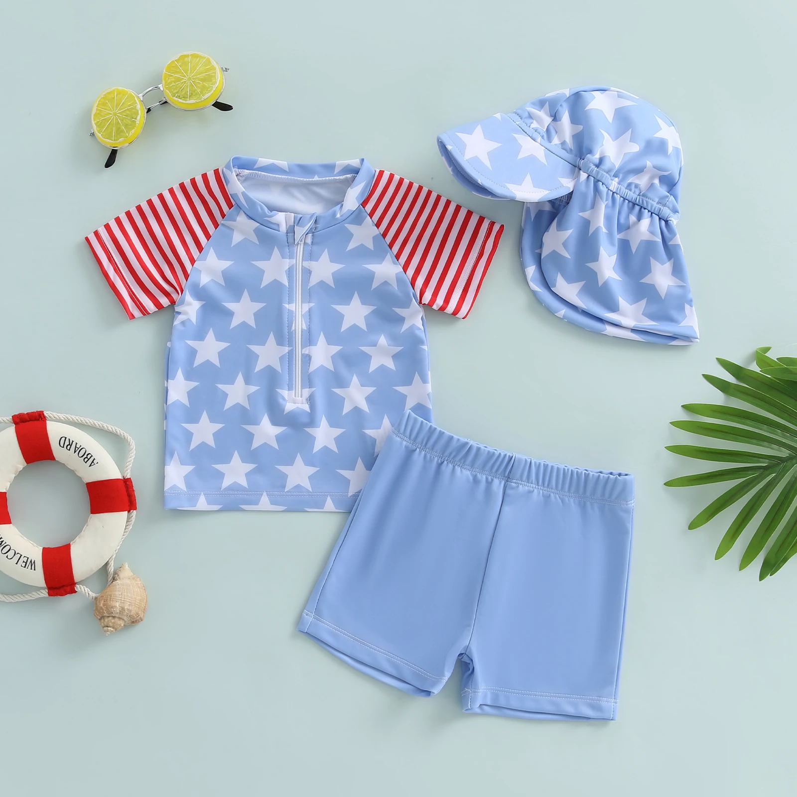 

0-5 Years Baby Boy 4th of July Swimsuit Set Star Half Zipper Short Sleeve Tops Elastic Waist Shorts Sun Hat with Neck Flap