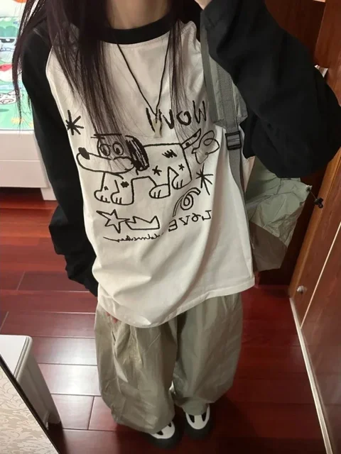 HOUZHOU Kawaii koszulki z nadrukami damskie śliczne Anime z długim rękawem topy japoński Vintage Y2k styl Preppy Casual słodkie koszulki ponadgabarytowe