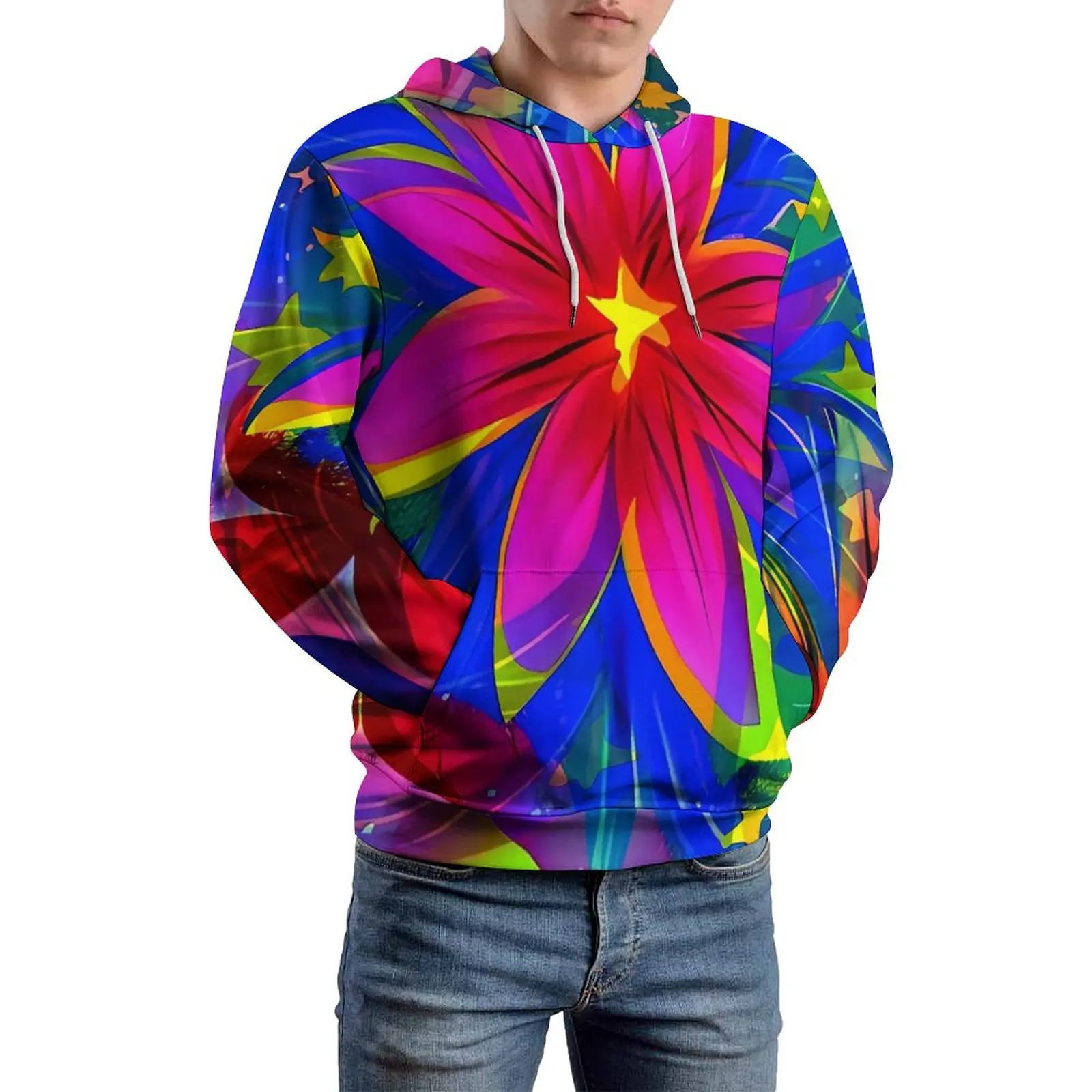 Hawaiia Floral Loose Hoodies Flower Power Style Streetwear Pullover Hoodie Men Long Sleeve Trendy Hooded Sweatshirts Plus Size