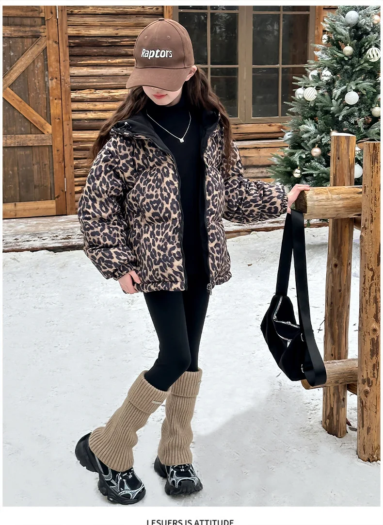 Girls Coat 2024 Winter New Childrens Clothes Girl Baby Foreign Style Loose Personality Leopard Print Cotton Clothes Casual