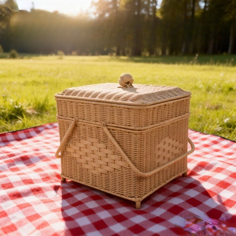 

Faux Rattan 2-Layer Vegetable Basket with Lid, Woven Grid Storage Crate for Outdoor Camping, Farmhouse Kitchen Organizer