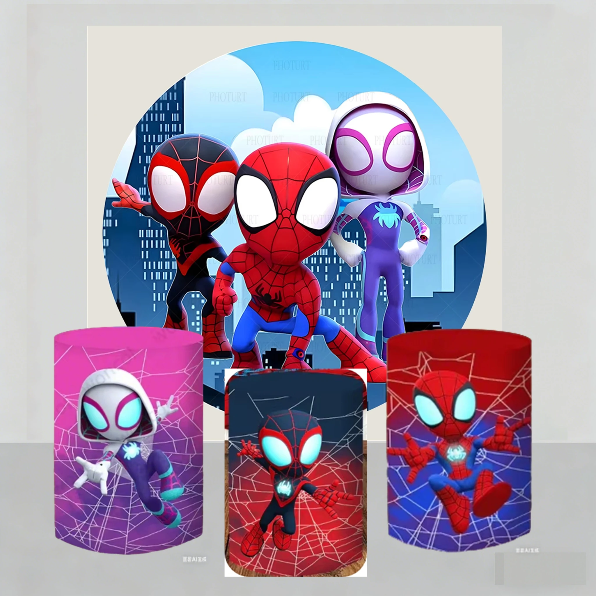 마블 스파이더맨과 그의 놀라운 친구들 라운드 커버 어린이 생일 배경 베이비 샤워 스파이더맨 실린더 커버 장식 사진 소품