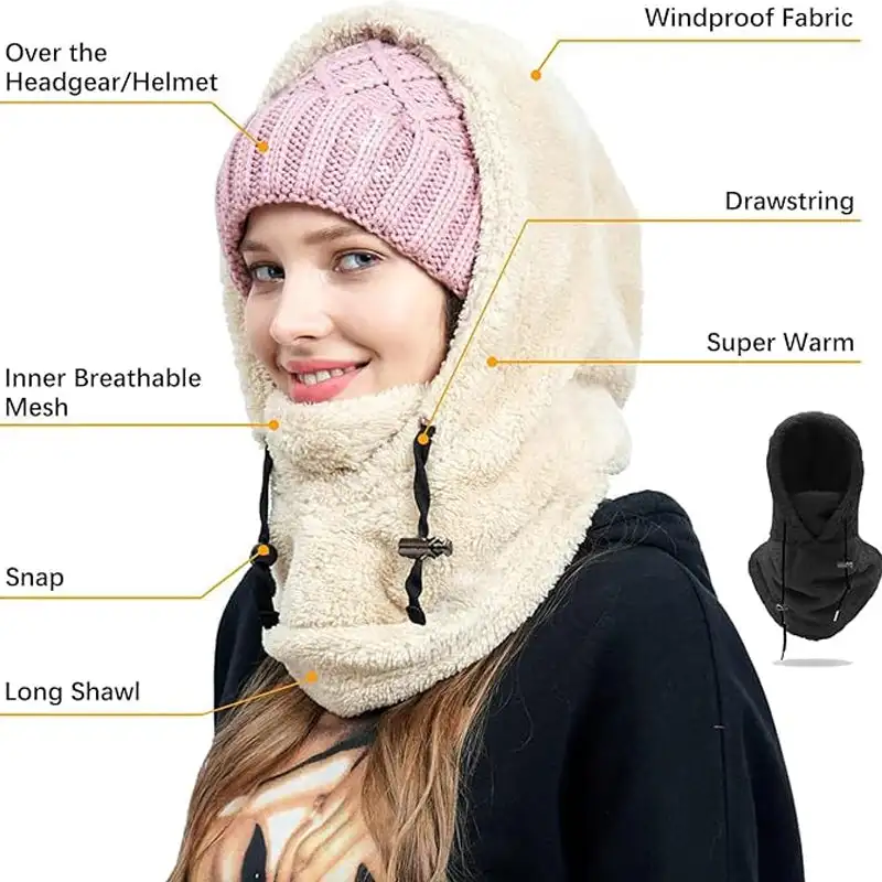 Sherpa Hood Ski Mask Fleece Balaclava Wind Resistant Winter Face Mask for Men and Women Warm Face Cover Hat Cap Scarf