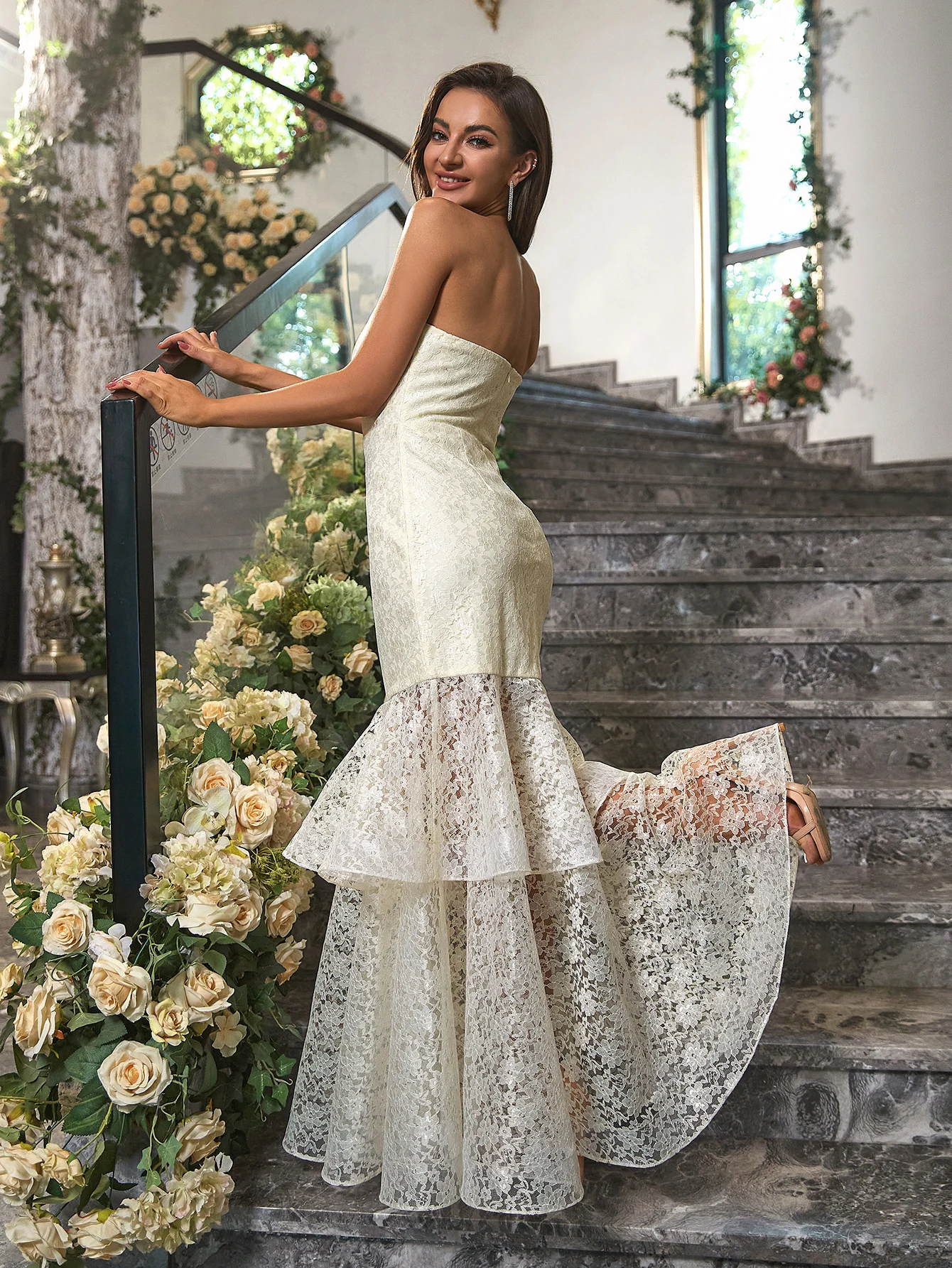 Angel-fashions frauen Elegante Liebsten Floral Spitze Spleißen Tüll Ruffels Meerjungfrau Lange Hochzeit Party Kleider Apricot 984